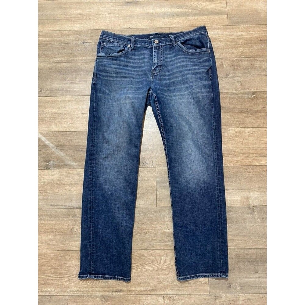 BKE Buckle Nolan Mens 36X32 Thick Stitch Blue Denim Jeans Whiskers Stretch